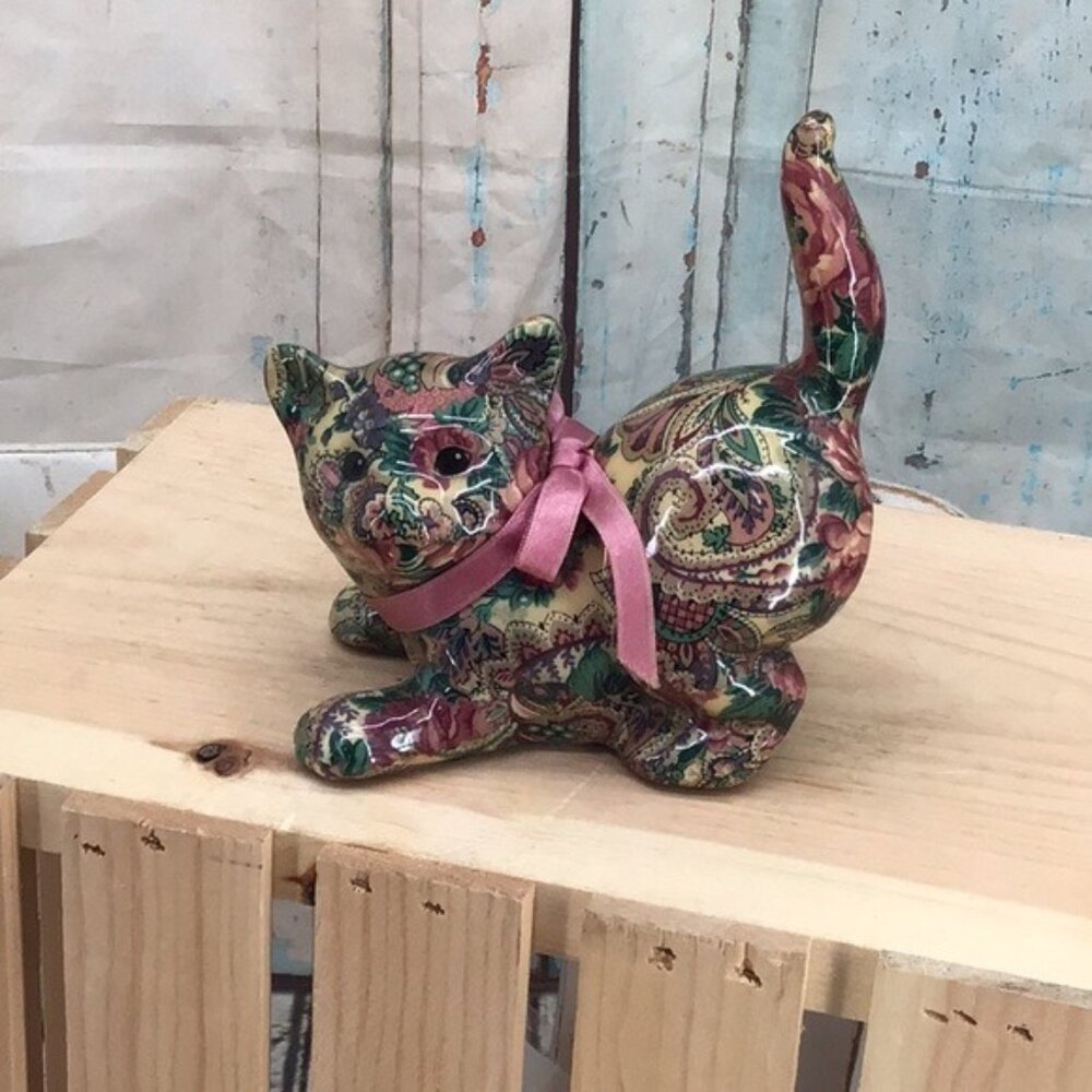 Joan Baker Patchwork Cat Figurine Pink Bow Paisley Print Ring Holder Collectible